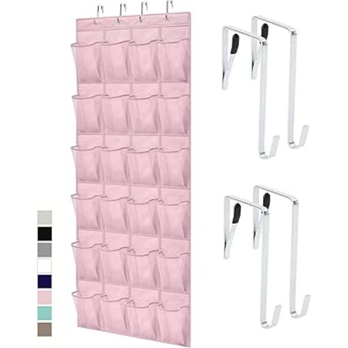 Gorilla Grip Over the Door Shoe Organizer, 24 Large Breathable Mesh Pockets, Space Saving Hanging Storage Holder, Closet Rack Hanger Holds Up to 40 lbs, Hangs on Closets for Shoes, Accessories, Pink