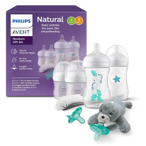 Philips Avent Natural Baby Gift Set, Bottles with Natural Response Nipples, 2X 4oz (Slow Flow, Flow 2) & 2X 9oz (Medium Flow, Flow 3), with Seahorse & Starfish Design, 2X Soothie Pacifiers, SCD838/06