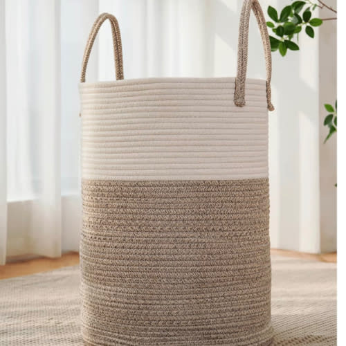 JMvicyroam Large Woven Laundry Basket Hamper,60L Cotton Rope Storage Bin for Blankets,Toys and Clothes,Decorative Tall Nursery Hamper for Living Room,Baby Nursery,Bathroom and Bedroom,Brown