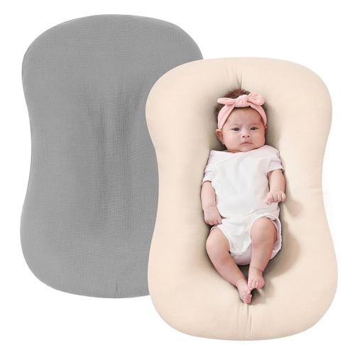 FUNUPUP Muslin Baby Lounger Cover Compatible with Snuggle Me Lounger, Infant Lounger Pillow Cover for Newborn, Removable Newborn Lounger Cover for Boys and Girls, Beige & Gray