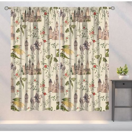 Dragon Blackout Curtains, Medieval Magical Castle Knights Art Printed Window Drapes for Bedroom Living Room Kitchen Decor Fabric 2 Panels 52x84 Inch 80% Shading Rate