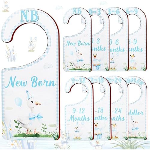 Baby Closet Dividers 8PCS, Blue Goose Themed Wooden Double-Sided Clothes Size Hanger Organizer from Newborn to Toddler for Nursery Decor Baby Shower Birthday Gift