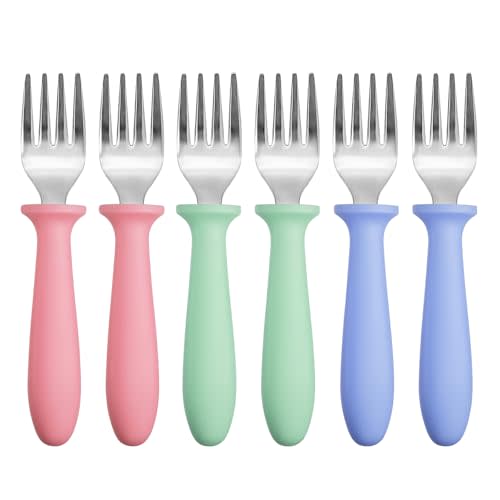 Pimoys 6-Pack Stainless Steel Toddler Forks Baby & Kids Utensils for Self-Feeding Plastic Handle Dishwasher Safe