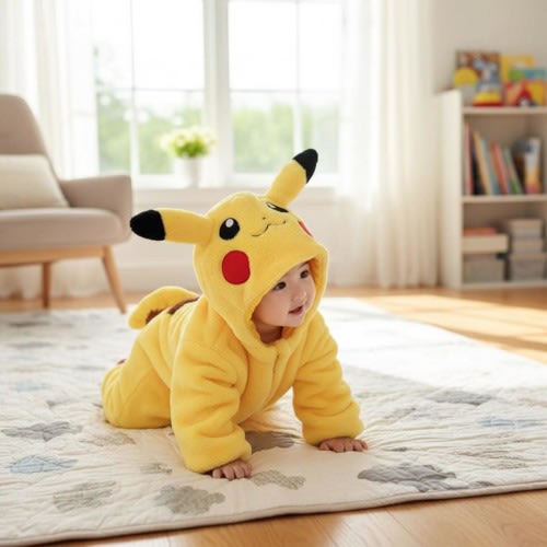Flannel Pikachu Toddler Costume, Cozy Warm Onesie Pajamas, Cartoon Hooded Jumpsuit for Kids, Soft Winter newborn Romper Outfit