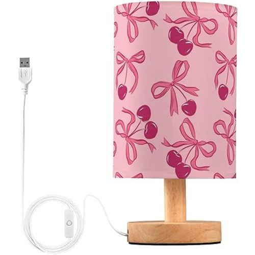 Pink Bows Cherries Girly Table Lamp for Bedroom Bedside Reading Lamp Desk Lamps Cylinder Nightstand Sleeping Light Lamp for Living Room Office Decor
