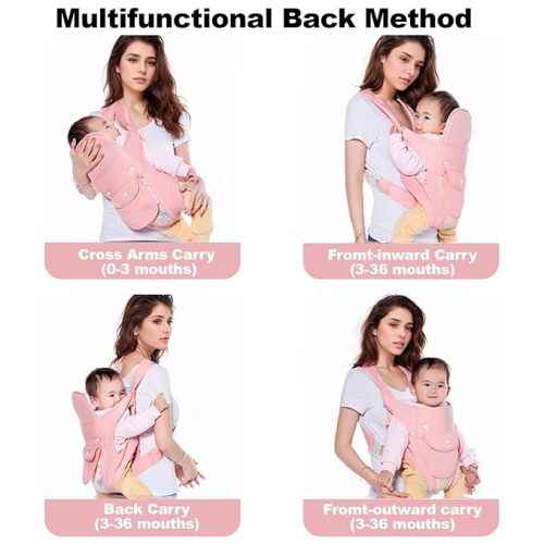 4-in-1 Baby Carrier Newborn to Toddler, Infant Carrier Ergonomic Adjustable Holder Portable Convertible Front and Back Backpack Carry for Infants Toddlers Babies 7-45 Pounds (Pink)