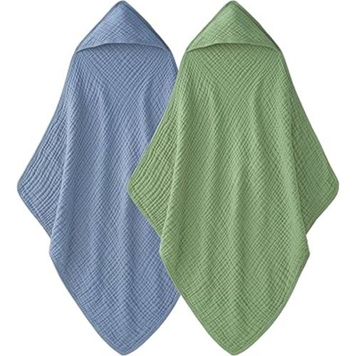 Hooded Baby Towels 100% Muslin Cotton Baby Bath Towels with Hood 2 Pack Baby Towels for Newborn, Infant, Toddler, Kids, Large 32x32Inches, Soft and Absorbent Newborn Essential Green and Blue