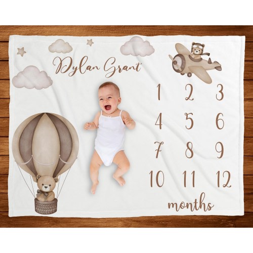 Personalized Teddy Bear Milestone Blanket Gender Neutral Baby Age Blanket Beige Vintage Monthly Growth Tracker Boho New Baby Shower Gift