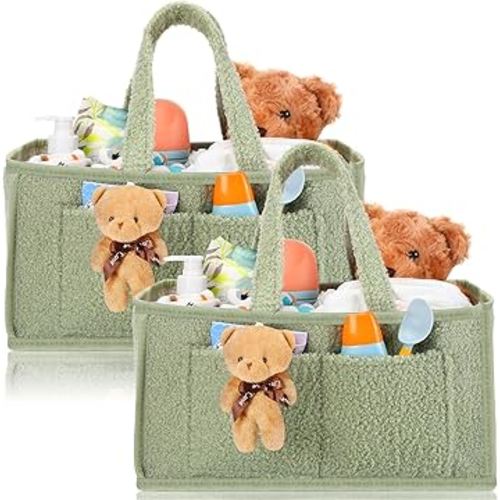 2 Pack Large Baby Diaper Caddy Organizers Nursery Diaper Storage Bin Baby Basket Bag with Doll Ornament Caddy Organizer for Changing Table Shower Party Favor Car Newborn Essential(Green)