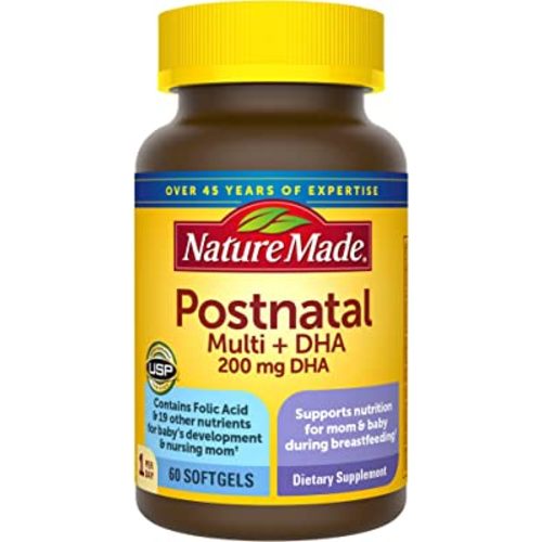 Nature Made Postnatal Multivitamin + DHA 200 mg, Postnatal Vitamins for Breastfeeding Moms & Babies, Vitamins & Nutrients Include Iron, Vitamin D3, Calcium, Iodine and More, 60 Softgels