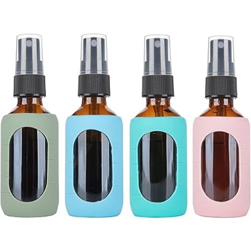 HOMBYS Empty Amber Glass 2oz Small Spray Bottles with Silicone Sleeve Protection - Refillable Containers for Travel, Cleaning Solutions, Essential Oils, Sanitizers - Fine Mist Spray - 4 Pack-Amber