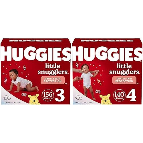 Baby Diapers Bundle: Huggies Little Snugglers Diapers Size 3 (16-28 lbs), 156ct & Size 4 (22-37 lbs), 140ct