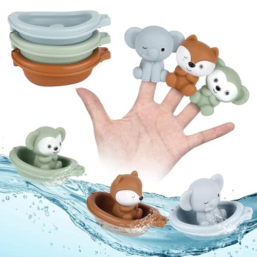 Bath Pool Toys for Toddler, Stacking Toys with 3 Boat 3 Sensory Finger Puppets, Toddler Toys Gifts for 2-4 Year Old Boy Girl, Model A