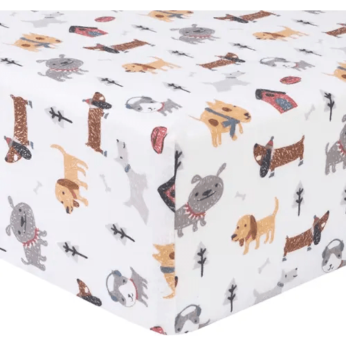 Dog Park Deluxe Flannel Fitted Crib Sheet-Dog Scatter Print Cotton Flannel, Grays, Taupe, Browns, Red, Blue Fully Elasticized, 10 in Deep Pockets, Fits Standard Crib Mattress 28 in x 52 in
