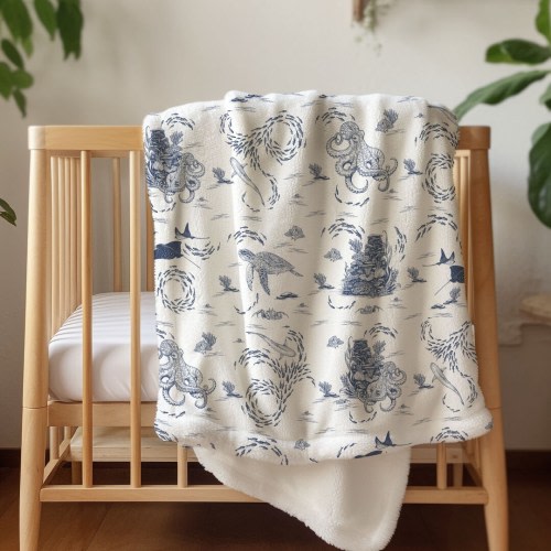 Ocean Toile Blanket Under the Sea Nursery Crib Bedding Blue Toile Bedding Baby Boy Gift Octopus Nursery Decor Soft Baby Blanket Gift Boy