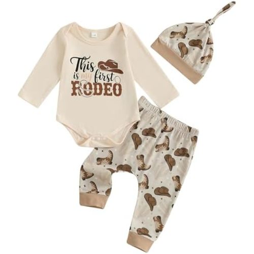 SAYOO This Is My First Rodeo Country Cowboy Funny Infant Baby Boy Bodysuit Long Pants Hat 3Pcs Western Coming Home Outfit