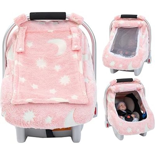 Car Seat Cover Baby, Infant Car Seat Cover Glow in The Dark, Cozy & Warm Carseat Canopy for Girls Boys, Windproof Baby Carrier Cover with Zipper Peep Windows for Baby Registry Essentials