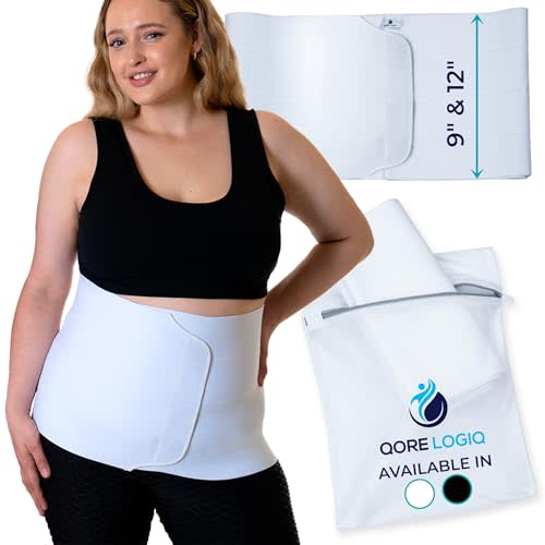 QORE LOGIQ Plus Size Abdominal Binder Post Surgery - C Section Belly Binder, Postpartum Belly Band, Adjustable 12" Compression Wrap for Stomach & Hernia Belt, White 3XL