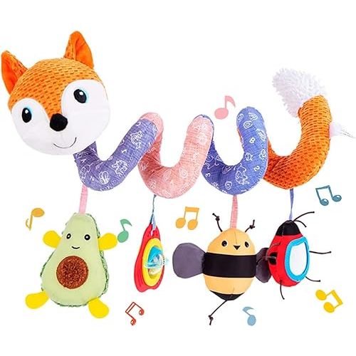 Koty Car Seat Toys, Infant Baby Spiral Plush Activity Hanging Toy for Stroller Bar Pram Crib with Music Box BB Squeaker & Rattles(Orange Fox)