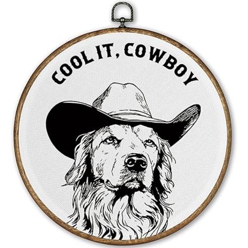 TLESKE Black and White Preppy Cowboy Dog Round Wall Art Decor Framed 10x10, Trendy Western Canvas Wall Art Prints Artwork, Retro Wall Hanging Room Door Decor for Teen Boys Dorm Bedroom Living Room