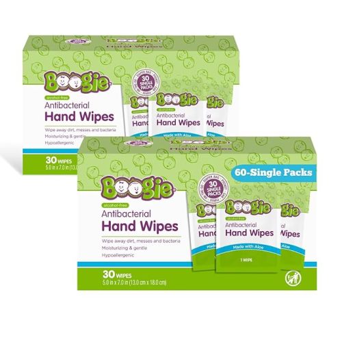 Boogie Antibacterial Hand Wipes by Boogie, Alcohol Free, Hypoallergenic and Moisturizing Aloe, for Kids and Adults -100 Total Wipes (5 Packs of 20)
