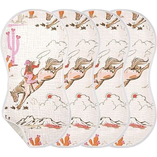 Cute Rodeo Cowgirl Muslin Baby Burp Cloths - Super Absorbent and Soft Burping Rags - Cotton Burp Clothes Set for Boys and Girls, 4 Pack