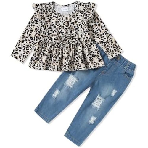 YALLET Baby Girl Clothes Infant Toddler Girl Outfits Ruffle Top+Ripped Denim Jeans Pants Set