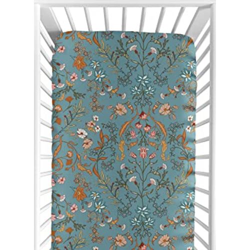 Sweet Jojo Designs Boho Wildflower Vintage Floral Girl Fitted Crib Sheet Baby Toddler Bed Nursery Teal Turquoise Rust Orange Daisy Leaves Botanical Paisley Leaf Flower Bohemian Farmhouse Blue Green