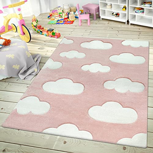 Modern Kids Rug with Clouds in Pink Pastel for Nursery, Size: 5'3" x 7'7"