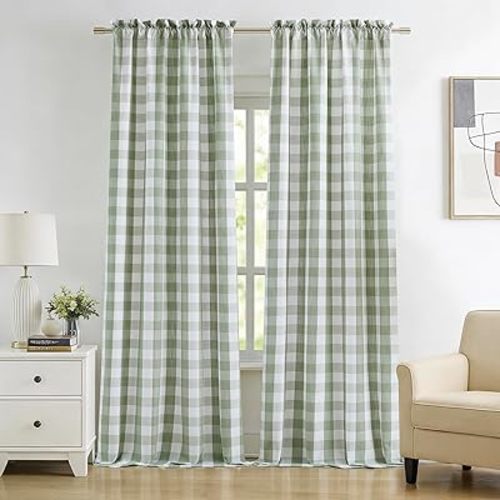 95 Inch Sage Green and White Plaid Semi Sheer Curtains,Serene Checkered Pattern Panels for Bedroom Living Room,Floor-Length Natural Light Filtering Drapery,Rod Pocket,52" Wx95 L(Pack of 2)