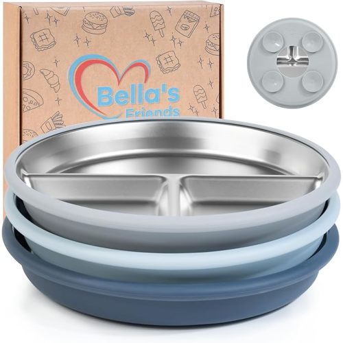 Bella's Friends Stainless Steel Baby Plates with Suction 3 Pack, 8” Divided Toddler Plates with Removable Silicone Sleeves for Feeding, Non-Toxic, Non-Slip, Dishwasher Safe, gray,blue,dark blue