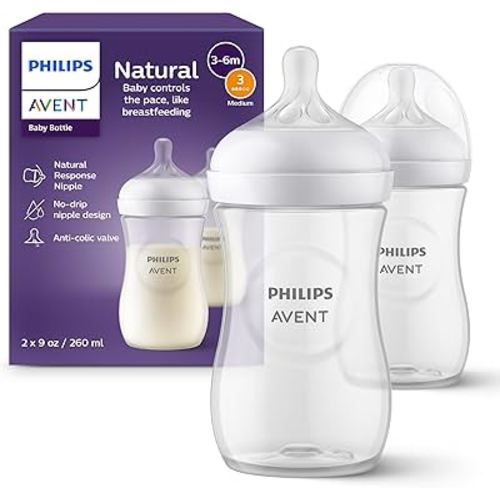 Philips Avent Natural Baby Bottles with Natural Response Nipples (Medium Flow, Flow 3), 9oz, 2-Pack, SCY903/02