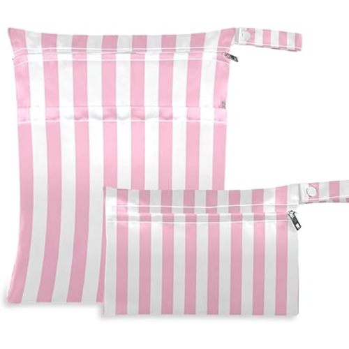 Kigai Waterproof Wet Bag Set Pink Stripes Wet Dry Bags for Cloth Diapers Washable Pouch with Handle Travel Bag Organizer for Beach Gym 12" x 14"