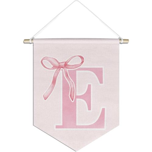 initial Personalized Preppy Canvas Hanging Pennant Flag Banner, Coquette Pink Bow Teen Girl Gifts,Trendy Cute Monogrammed Gifts Wall Decor for Women Teen Girl Nursery bedroom(E)