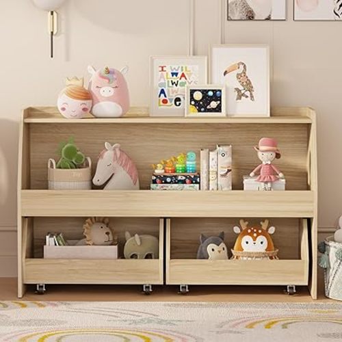 COZPAW Toy Storage Organizer, 2 Tier Montessori Shelf with Movable Bins, Toy Organizers Book Shelf for Kids Room, Playroom, Nursery (Wood)