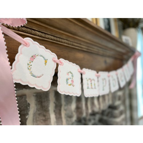 Floral Embroidered Name Banner, Birthday Shower Decor