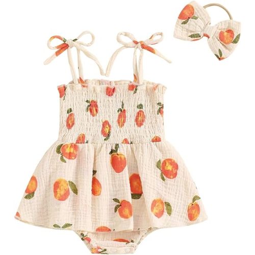 Newborn Infant Baby Girl Summer Outfit Peaches Print Tie Up Spaghetti Straps Smocked Romper Dress + Headband Cotton Jumpsuit