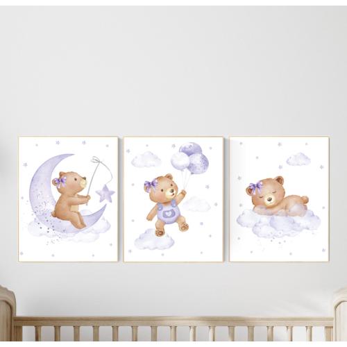 Nursery decor girl purple, nursery decor bear, teddy bear nursery, lilac nursery print, lavender, baby room decor, nursery wall art animals