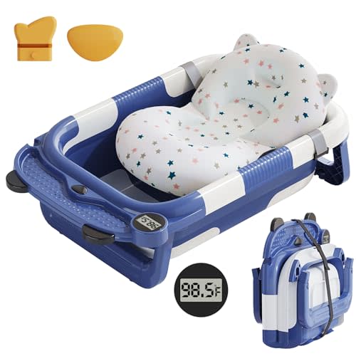BBtinker Collapsible Baby Bathtub for Newborn with Real-time Temp Monitor + Soft Floating Cushion Durable Foldable Baby Tubs for Infants to Toddler, Portable Travel Bathtub with Drain Hole Navy Blue