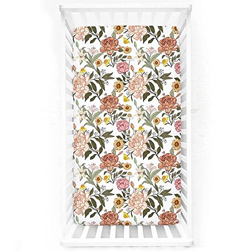 Crib Sheets for Girls Boys HNHUAMING Neutral Baby Crib Fitted Sheets, 52 X 28-inch Ultra Soft Snug Fits for Standard Crib & Toddler Mattress, Boho Vintage Floral