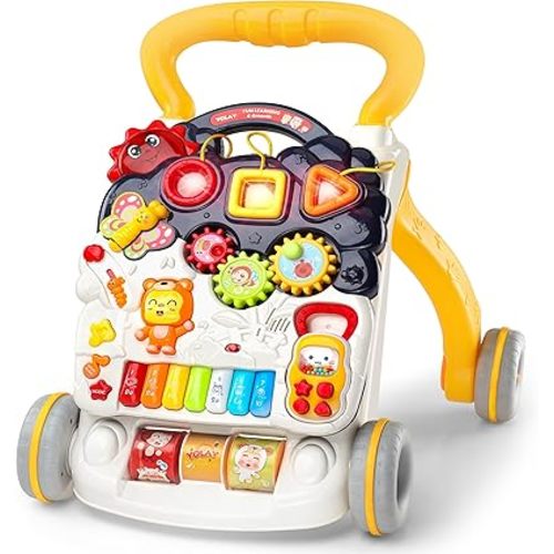 YOLAY Baby Walker Push with Wheels, Sit-to-Stand Walker for Baby Boy and Girl 6-12 Months with Detachable Play Panel, Stable Handle, Early Learning Activity for Kids - Yellow