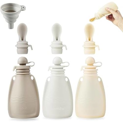 PandaEar 3 Pack Silicone Baby Food Pouches, Reusable Squeeze Pouches for Toddler with 3 Silicone Puree Feeder Spoon, BPA-Free Silicone Refillable Infant Food Storage, 5.5 oz (Light Tan&Walnut&Grey)