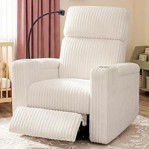 HUSFU Power Recliner Chair Swivel Glider, Nursery Rocking Chair with USB Charging Port and Phone Holder, Swivel Rocker Glider Recliner for Nursery, Bedroom, Living Room, Cream, 1PC