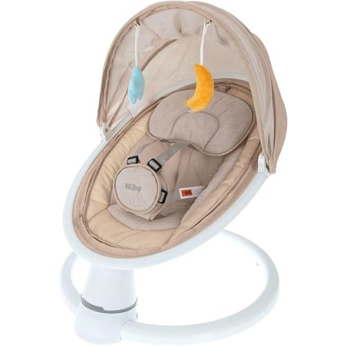Nuby Baby Swing with Canopy and Remote - 5-Level Infant Swing with Soothing Sounds and Mobile App Control - 0-9 Months - Tan