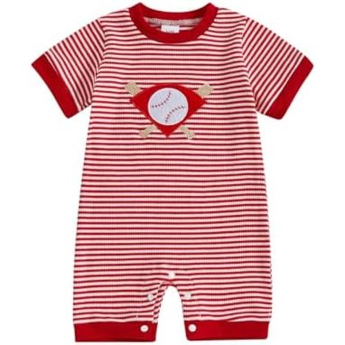Newborn Infant Baby Boy Waffle Baseball Romper Summer Striped Jumpsuit Short Sleeve Knit Bodysuit Fall Clothes