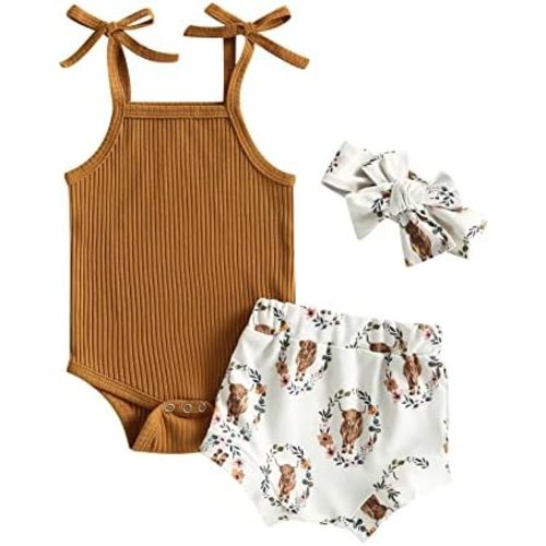 Kuriozud Newborn Infant Baby Girl 2 Piece Summer Outfits Tank Romper Top + Ruffle Bloomer Shorts Set Clothes