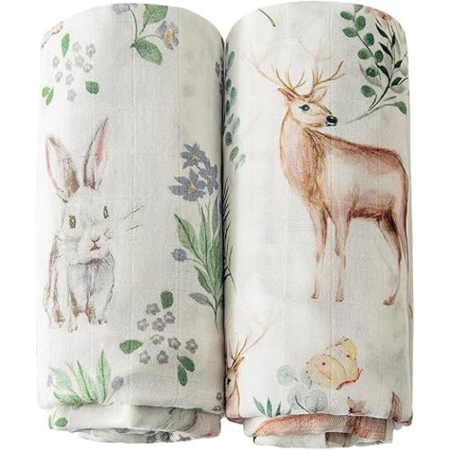 Little Jump Muslin Swaddle Blankets Neutral, Woodland Muslin Baby Blanket Receiving Blanket for Boys & Girls Unisex, Soft Large 47 x 47 inches (Rabbit & Deer)