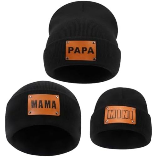 3 Pcs Parent-Child Beanie Hats Mama PAPA Mini Leather Patch Winter Knit Cap Warm Cuffed Cap Matching Family Beanie Hat