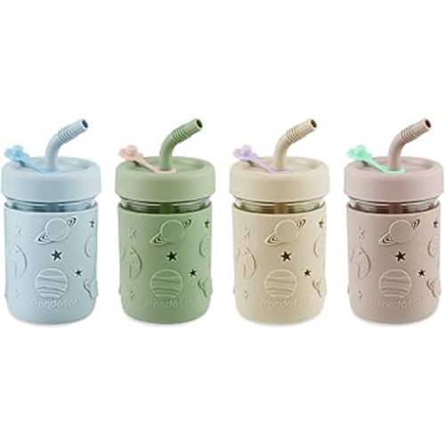 PandaEar 4 Pack Kids & Toddler Glass Cups, Glass Mason Jar Cups 8.45 oz with Silicone Sleeves & Straws, Toddler Spill-Proof Smoothie Cups