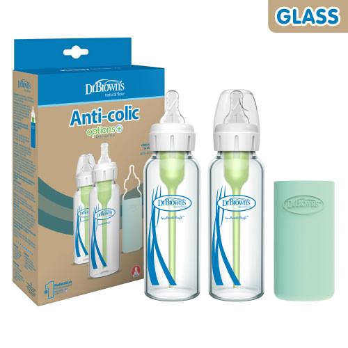 Dr. Brown's Anti-Colic Glass Baby Bottle, 8oz Options+ with Slow Flow Nipple, Silicone Sleeve, 2pk